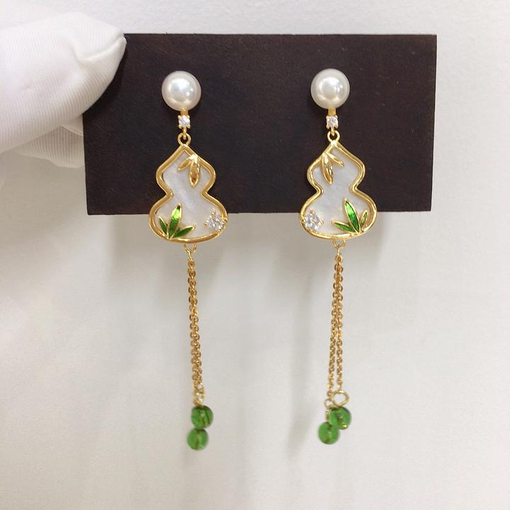 5A级高亮诸暨天然淡水珍珠古风耳钉女中国风翠竹好运葫芦珍珠耳环
