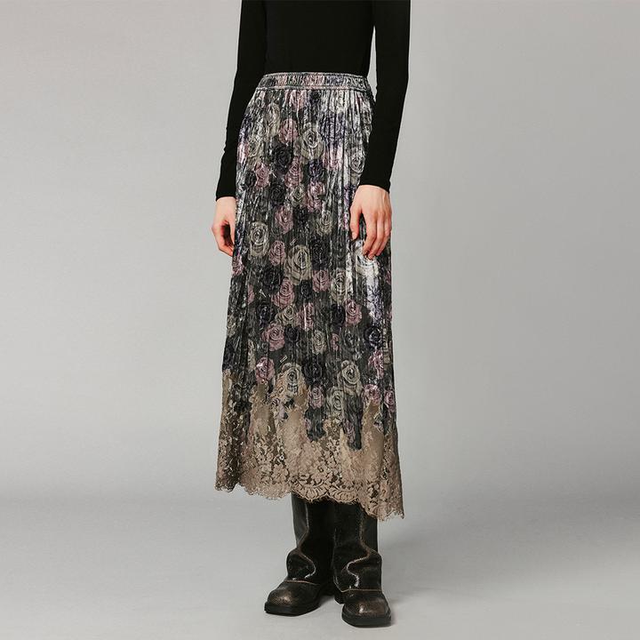 UOOYAA/乌丫迷彩蔷薇印花丝绒蕾丝半裙UY24444Q139201