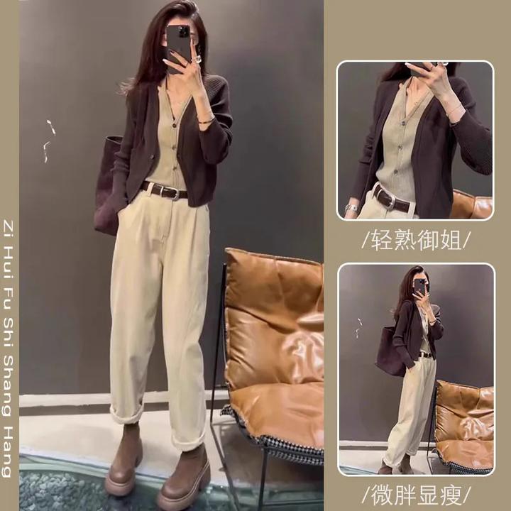 设计感别致假两件长袖针织衫时尚气质高腰休闲裤欧美炸街套装穿搭