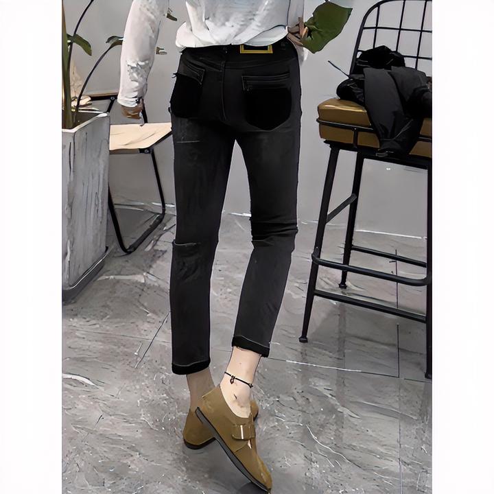 Aimeerosa/艾洛莎大码九分牛仔裤女胖妹妹直筒烟管裤小脚百搭黑色