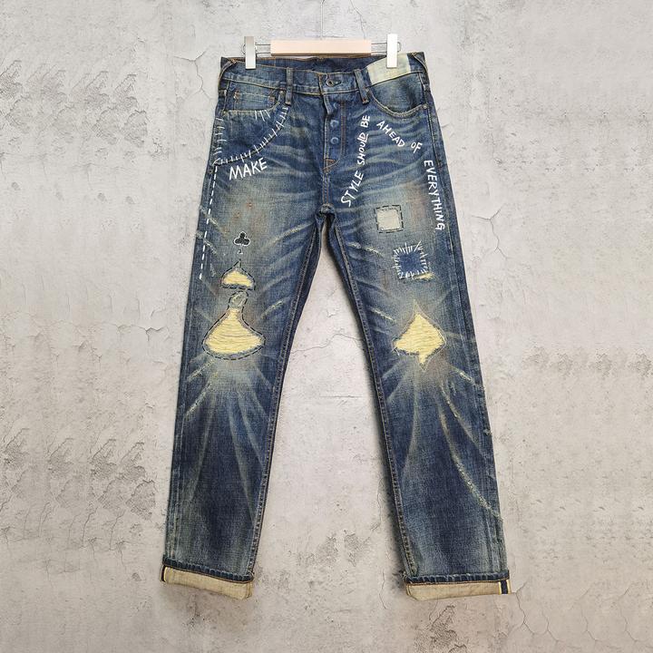 SILVER GECKO银壁虎扑克字母印花破洞补丁赤耳直筒牛仔裤 LVC牛王