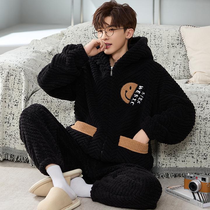 秋冬季男士睡衣连帽加厚加绒拉链法兰绒保暖珊瑚绒大码套装家居服