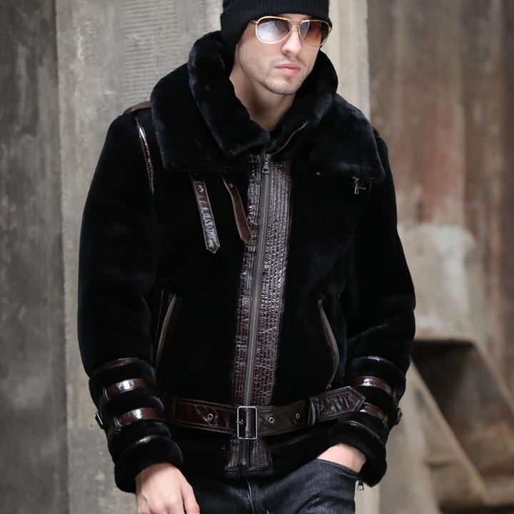 羊皮毛一体真皮皮草男外套短款机车B3飞行夹克空军厚