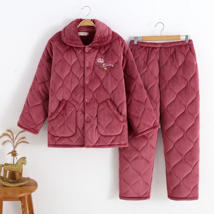 中老年妈妈老人三层加绒加厚夹棉法兰绒家居服套装棉袄加大码外穿