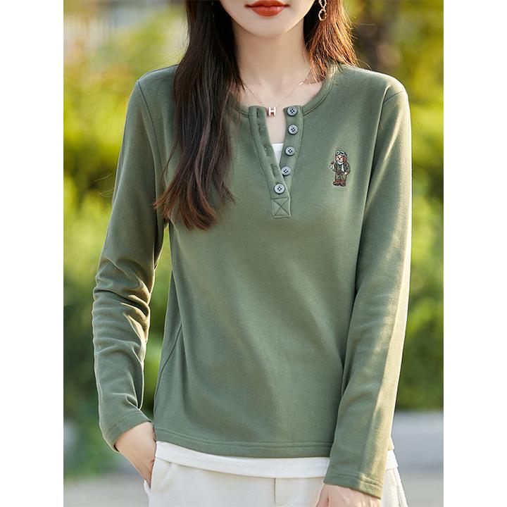 刺绣时尚休闲百搭打底衫女半开领假两件上衣双面德绒套头长袖T恤