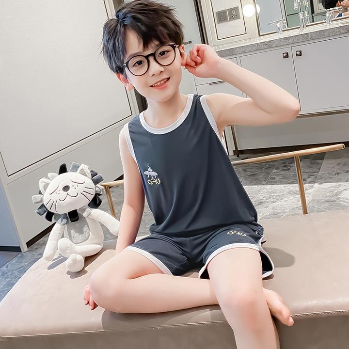 男童莫代尔睡衣儿童冰丝薄款夏季背心短裤套装2024新款男孩家居服