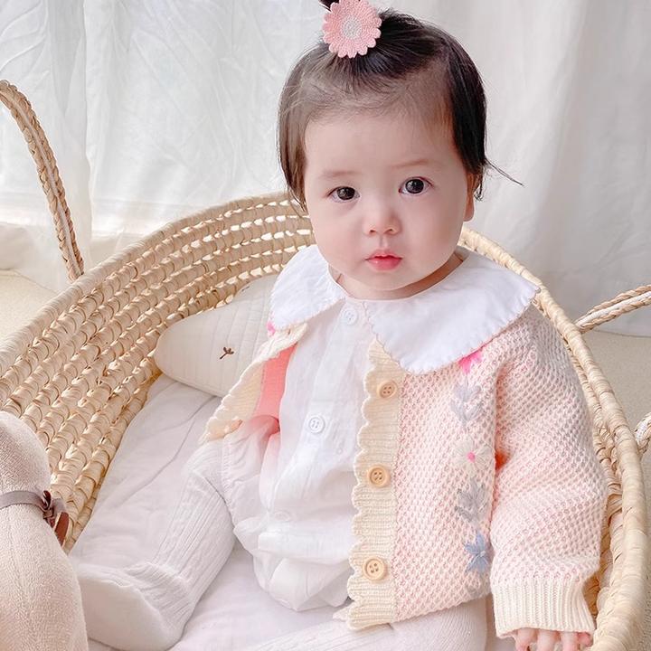韩版童装女宝宝春秋款甜美针织开衫婴儿洋气手工绣花百搭上衣外套