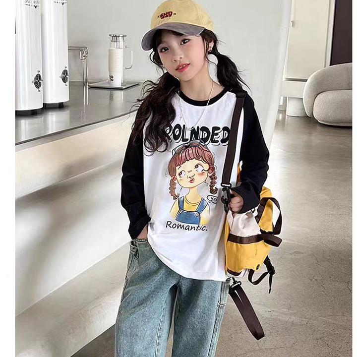 纯棉插肩儿童打底百搭款后包领童装100%宽松版落肩袖中大童T恤潮2