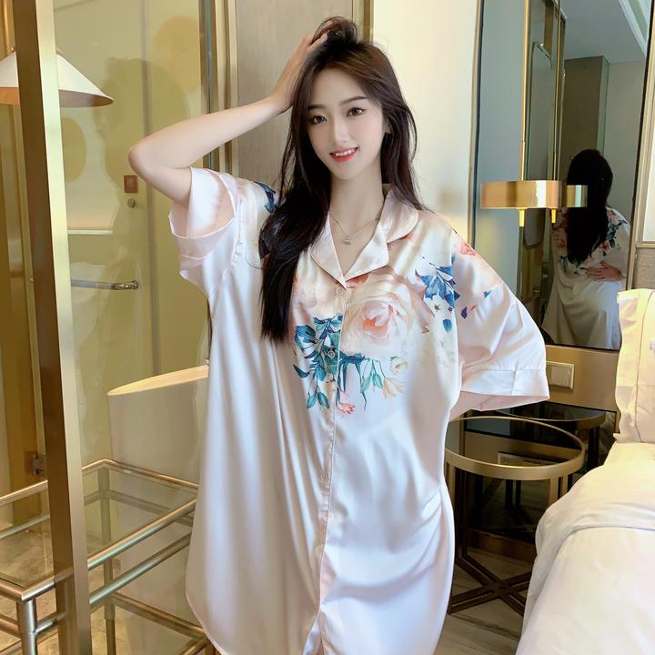 【锦上添花】冰雪丝薄款轻奢牡丹花宽松家居服睡裙