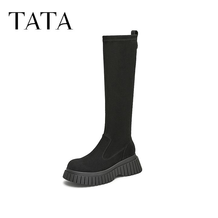 Tata他她厚底显瘦长筒靴女靴子气质瘦瘦靴弹力靴2024冬新CAC02DG4