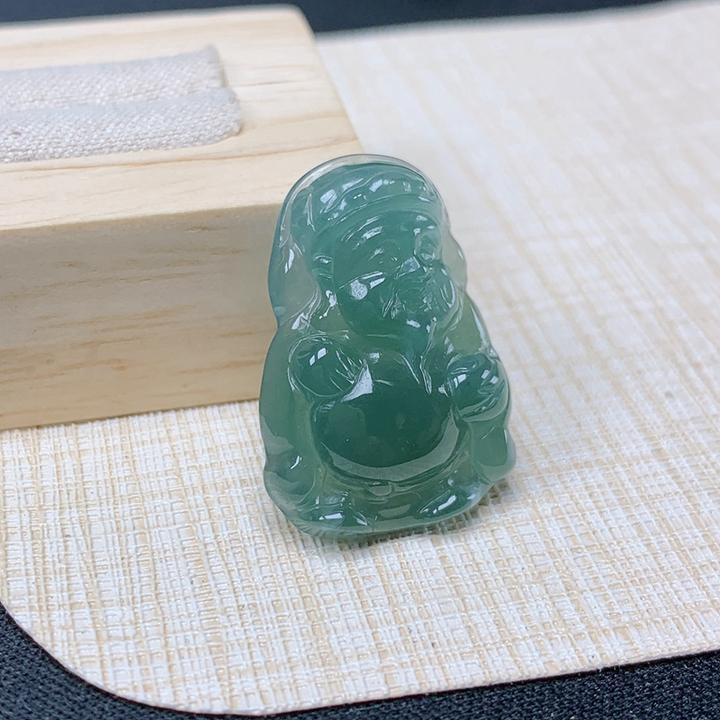 优惠纯天然A货翡翠蓝色雪花棉老坑冰种招财进宝迷你版财神吊坠