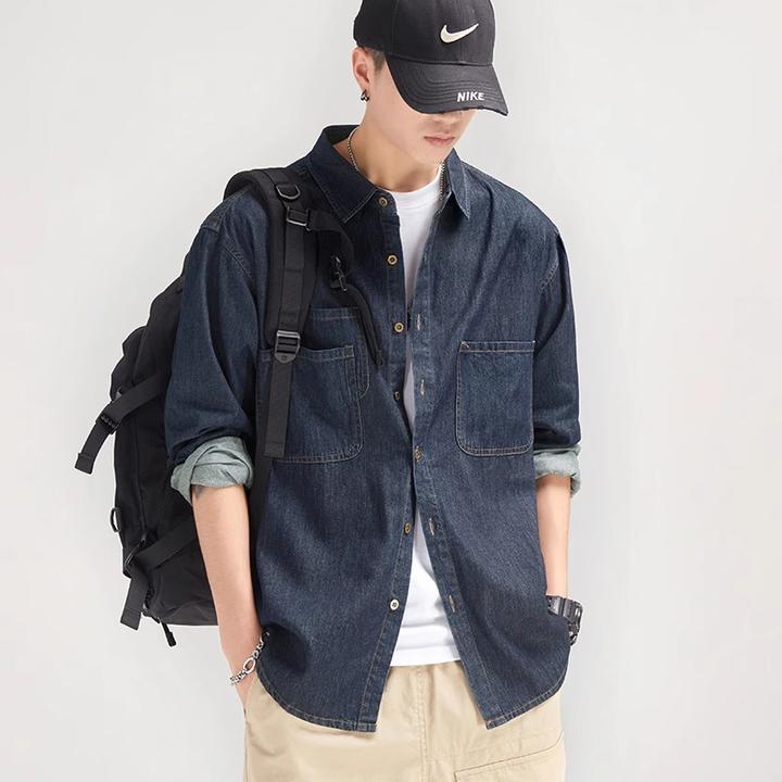 秋冬季潮流牛仔休闲衬衫男日系潮牌宽松帅气工装长袖衬衣外套百搭