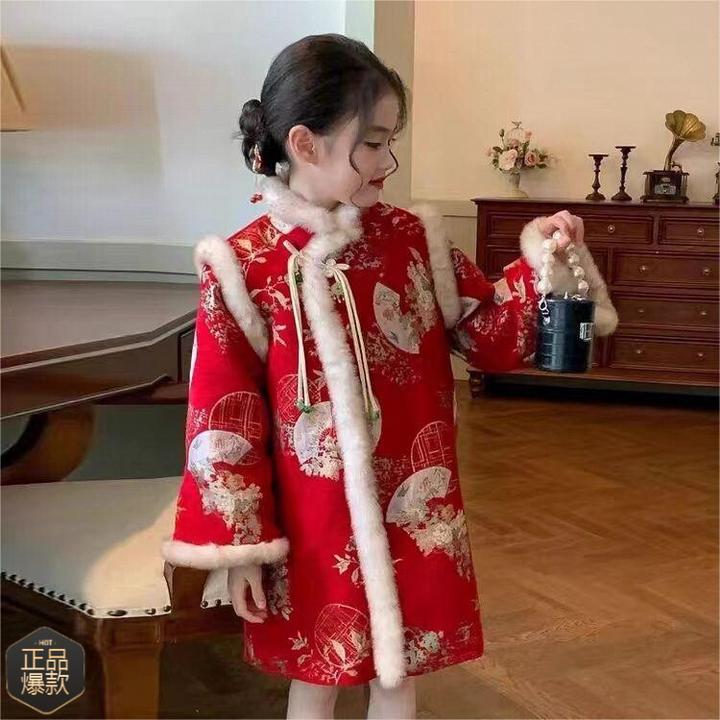 女童拜年服大儿童过年服冬装加绒旗袍女孩加厚新年衣服中国风汉服