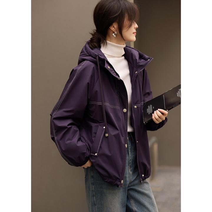 XWI/欣未休闲撞色线设计夹克式棉服外套2025年冬新款插肩抽绳7014