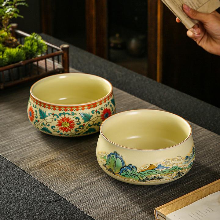 创意特大号黄色汝窑开片茶洗家用千里江山陶瓷杯洗茶孟茶杯收纳盆