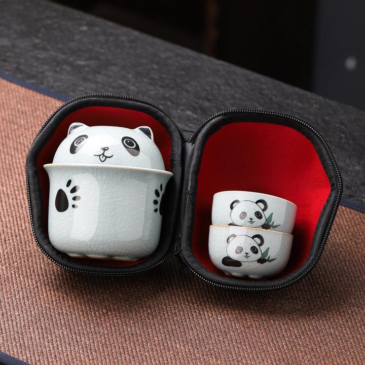 熊猫哥窑陶旅行茶具一壶两杯户外便携随身快客杯商务礼品伴手礼