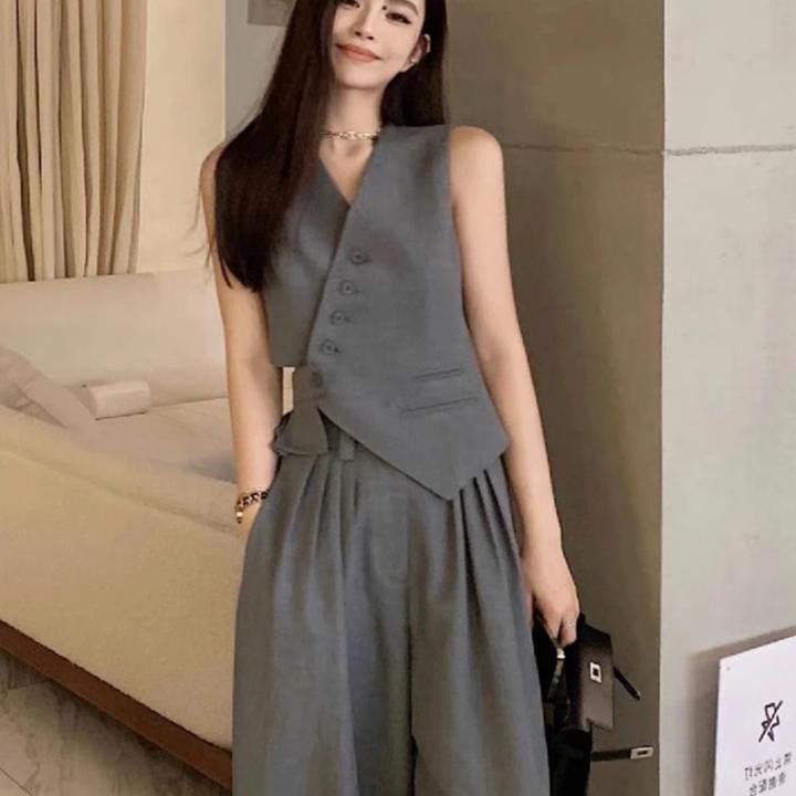 夏装小香风职业套装网红爆款炸街减龄时尚西装马甲阔腿裤两件套女
