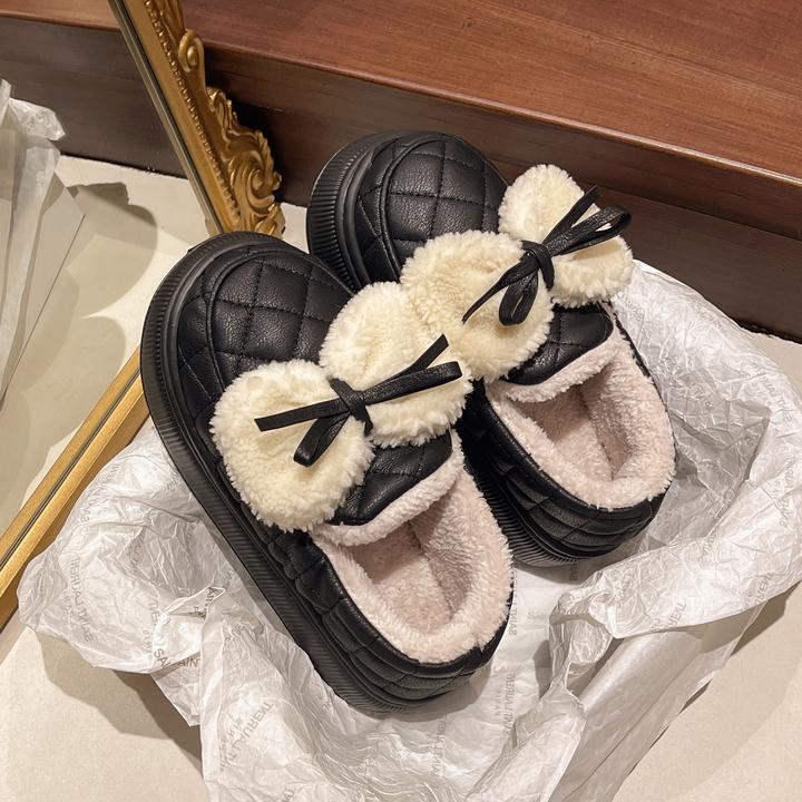 20254年秋冬新款小香风保暖毛毛鞋加绒平底豆豆鞋蝴蝶结棉鞋女