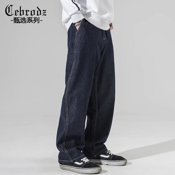 Cebrodz美式高街复古直筒牛仔裤男士冬季宽松大码阔腿百搭休闲裤