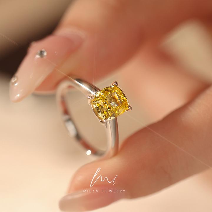 秘蓝 925银合成锆石戒指 黄钻方糖戒指/小众设计高级感求订婚百搭