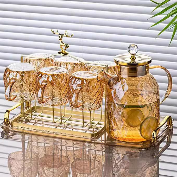 德力钻石琥珀壶锤纹玻璃水壶高硼硅玻璃泡茶壶耐高温冷水壶