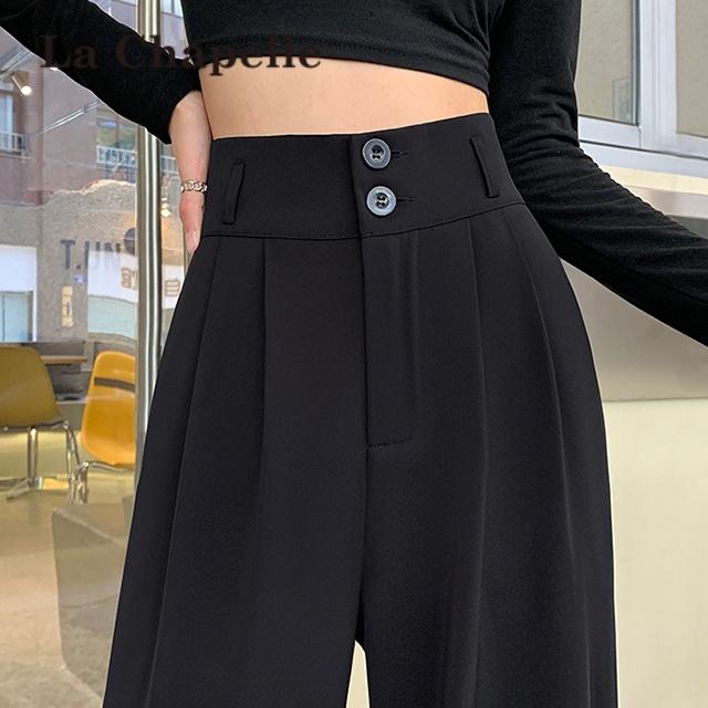 拉夏贝尔西装阔腿裤女春秋夏季高腰高级感垂感小个子黑色直筒裤子