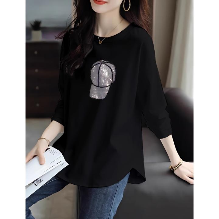 下摆弧形纯棉黑色打底衫女春秋中长款遮屁股宽松大码外穿长袖t恤