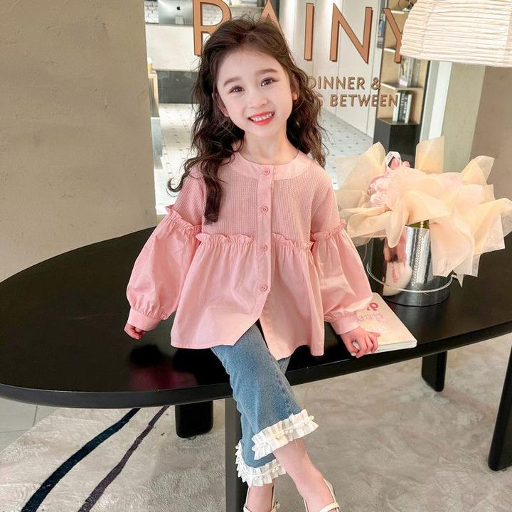洋气儿童衬衣女童女童衬衫春秋款粉色泡泡袖2024洋气网红洋气上衣