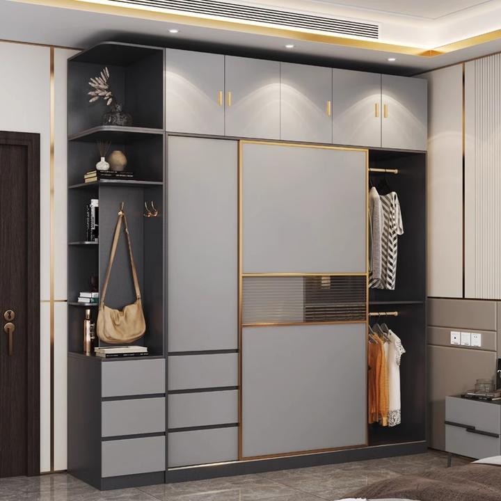 2024新款推拉门带开门衣柜组合现代家用卧室移门衣橱灰色大柜子