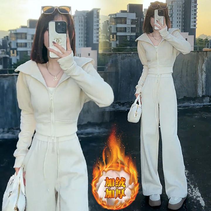 高含棉时尚拉链卫衣套装女2024秋冬新款休闲高腰阔腿裤加绒两件套