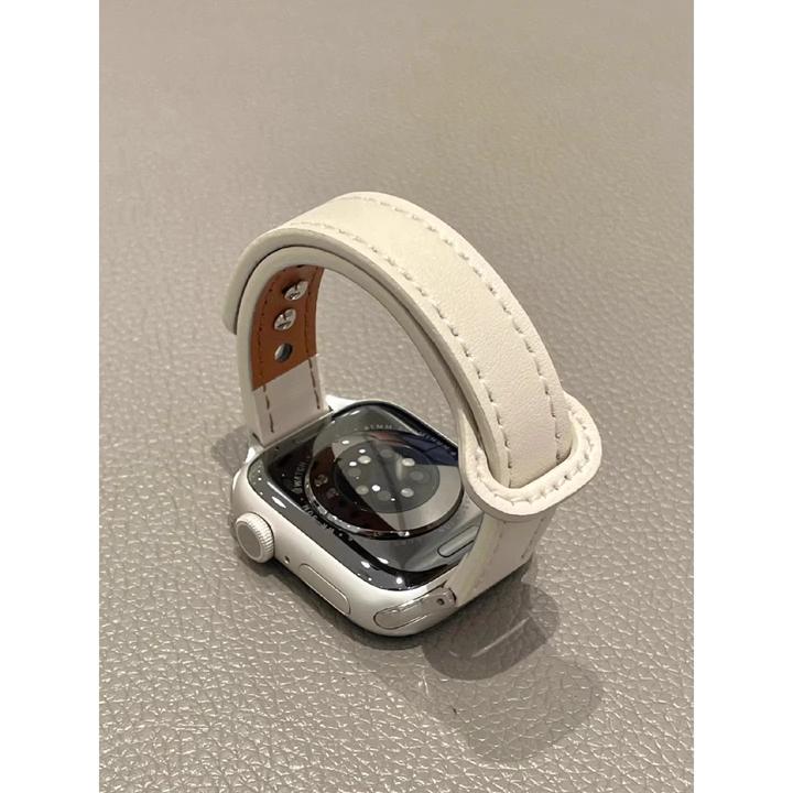 适用苹果手表S10简约iwatchS9双钉皮质applewatchS8细款S7/S6表带