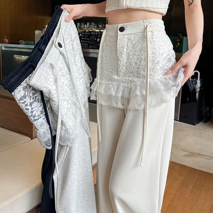 韩系蕾丝花边西装阔腿裤女2025春夏高腰垂感宽松直筒休闲拖地裤子