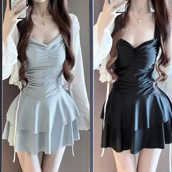 泳衣女款连体吊带时尚露背纯色甜美裙式保守显瘦修身温泉泳衣