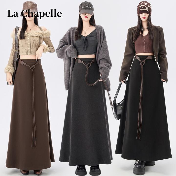 拉夏贝尔毛呢半身裙女秋冬设计感高腰a字裙显瘦百搭垂感大摆长裙