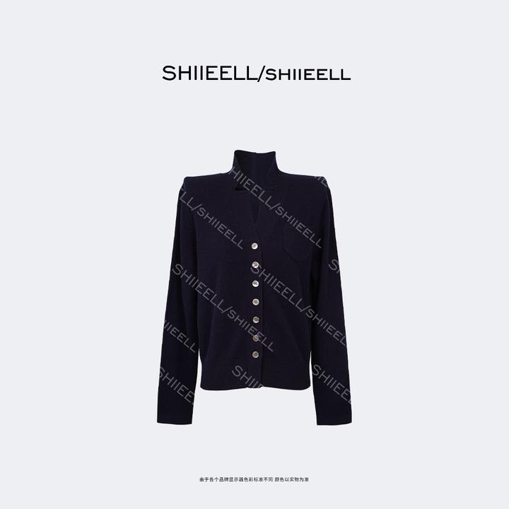 SHIIEELL【蓝骑士】秋冬黑色时尚气质设计款开衫百搭厚款毛衫Z7436