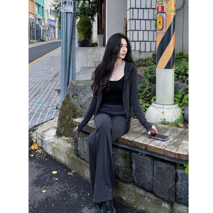 菠萝宝宝yuna【冰川情书】灰色连帽拉链开衫喇叭裤磨毛厚款套装YJ9