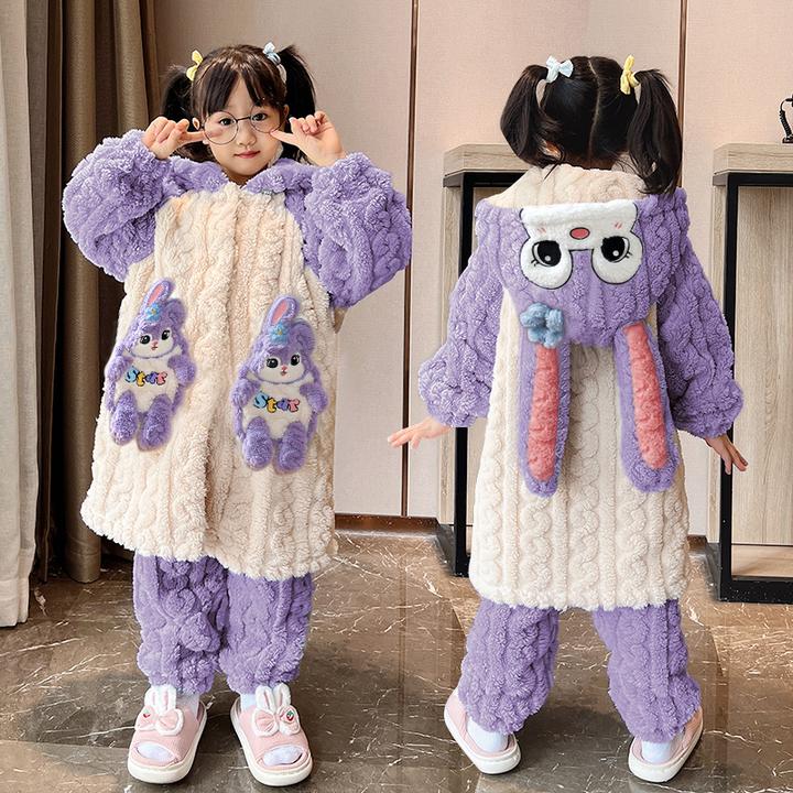 冬季儿童睡衣女孩法兰绒加厚睡袍中大童女童珊瑚绒公主亲子家居服