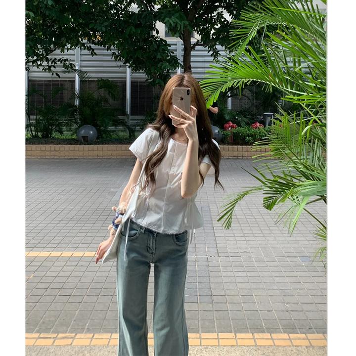 2025夏季新款韩系穿搭高级感抽褶收腰衬衫上衣百搭牛仔裤两件套女