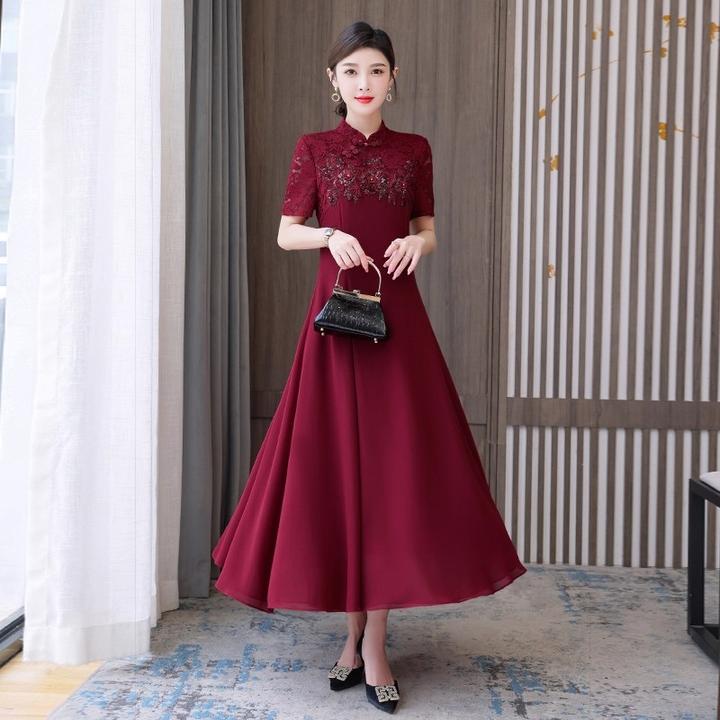 新中式改良旗袍连衣裙女订婚服装婚宴装妈妈礼服平时可穿红色长裙