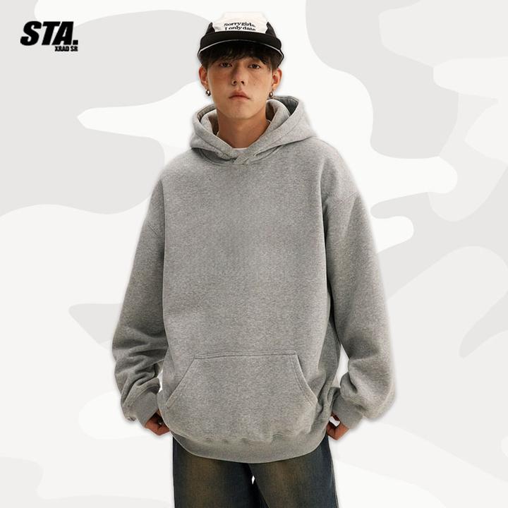 STA.自发热加绒秋冬季卫衣男潮牌纯色重磅美式连帽卫衣打底衫男款