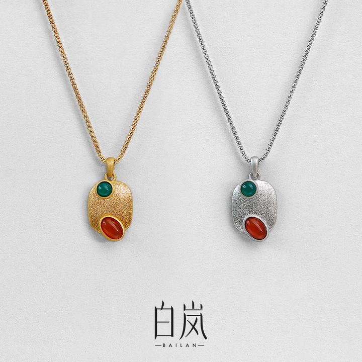 【8月新品】多宝项链天然橙绿色玛瑙古法玉石纯银原创锁骨链XL5699