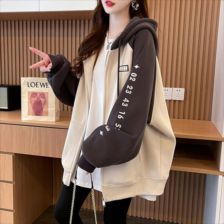 开衫拉链拼色字母印花卫衣女春秋季薄款休闲百搭学生洋气连帽外套