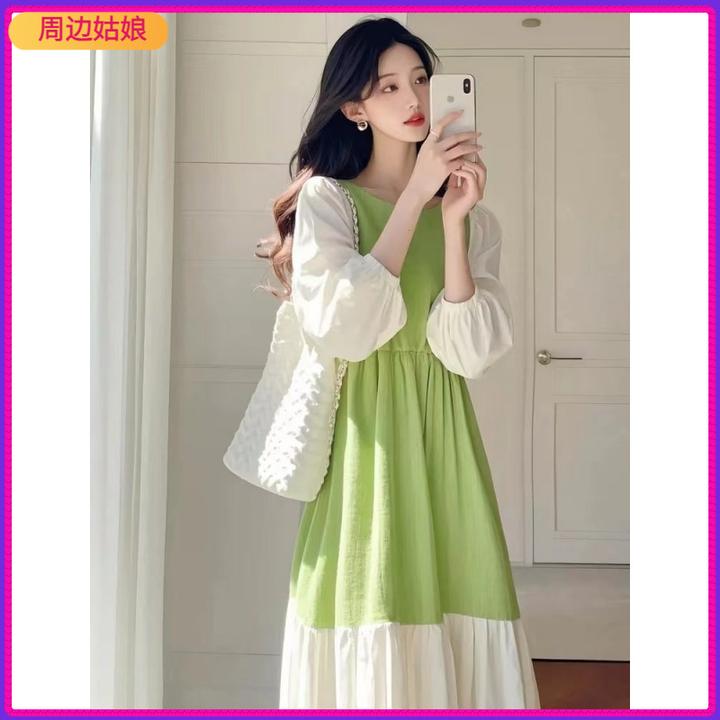 I2025年2025春季今年流行感超好看气质千金风绿色拼接连衣裙女装1