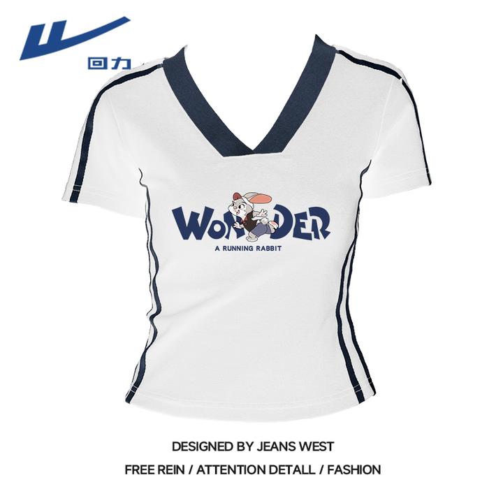 Warrior/回力美式短款修身T恤V领休闲印花时尚2025短款t恤短袖