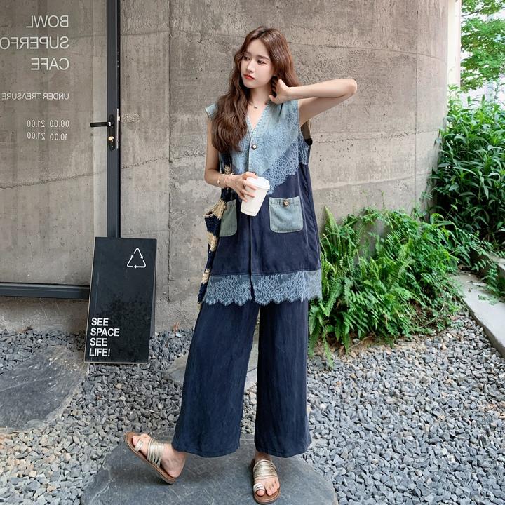 气质轻薄牛仔蕾丝撞色拼接马甲九分裤套装女2025夏休闲流行两件套