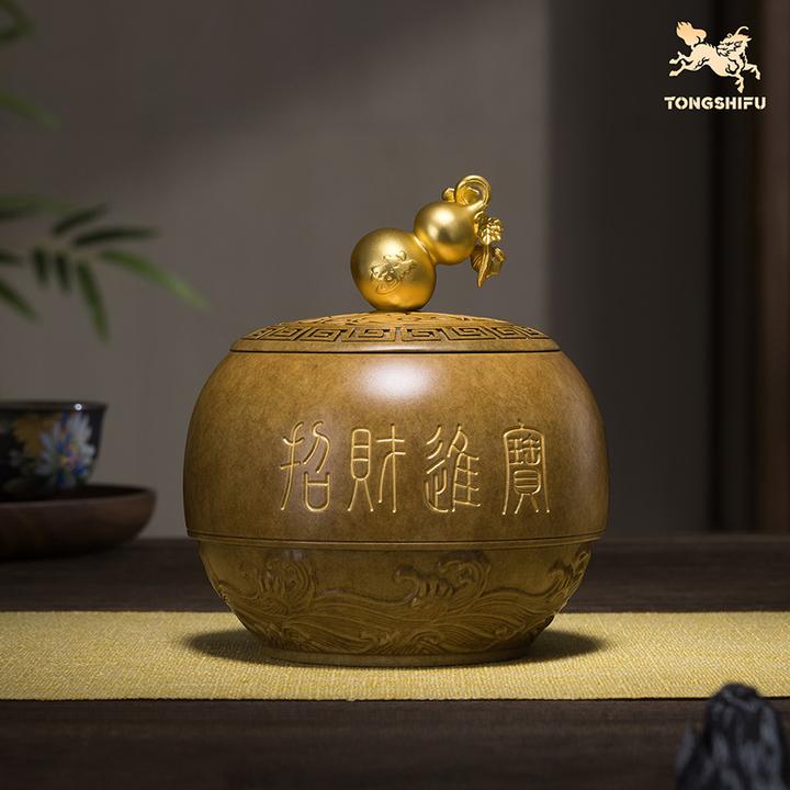 铜师傅《福禄茶叶罐》创意中式家用茶室摆件 密封带盖储茶罐收纳罐