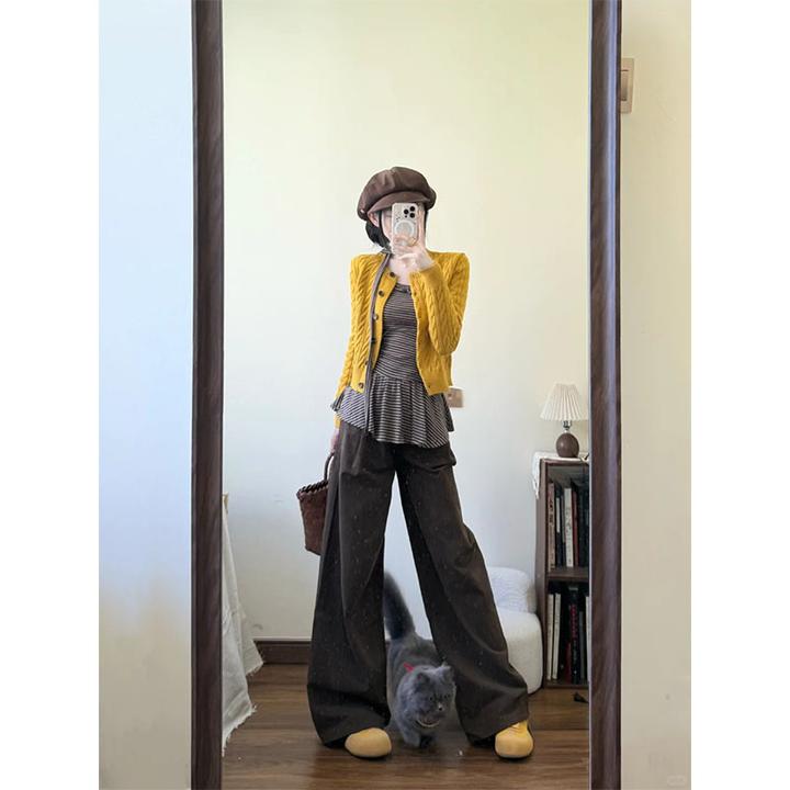 早秋季新款修身显瘦条纹背心内搭设计修身显瘦开衫上衣休闲长裤女