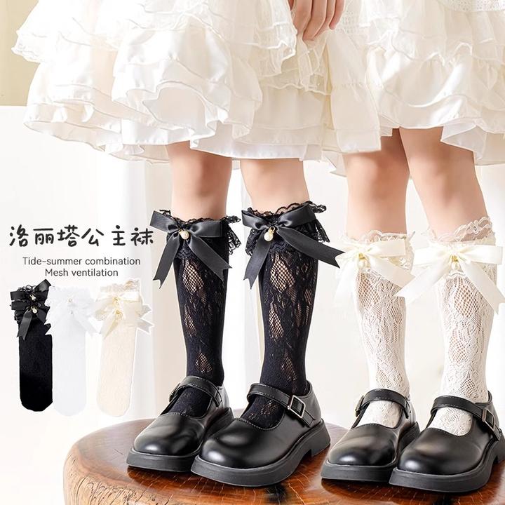 女童长筒袜夏季薄款白色儿童洛丽塔花边公主袜儿童黑色蕾丝小腿袜