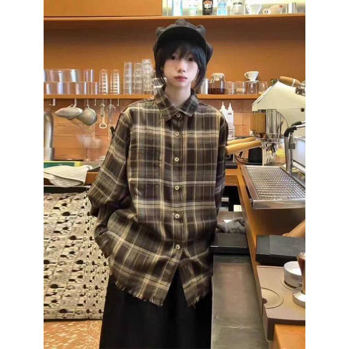 lostmyself美式复古格子衬衫男春季长袖格纹衬衣cleanfit情侣外套