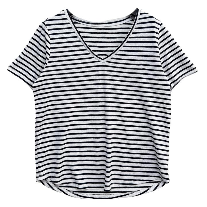 短袖上衣舒适百搭潮流条纹休闲风气质亚麻#6918